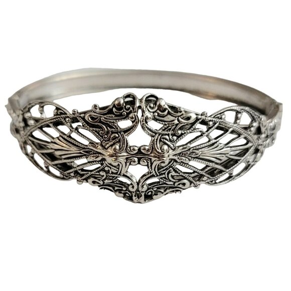 Silver Tone Filigree Victorian Style Tongue Clasp Bangle Bracelet - Picture 1 of 12